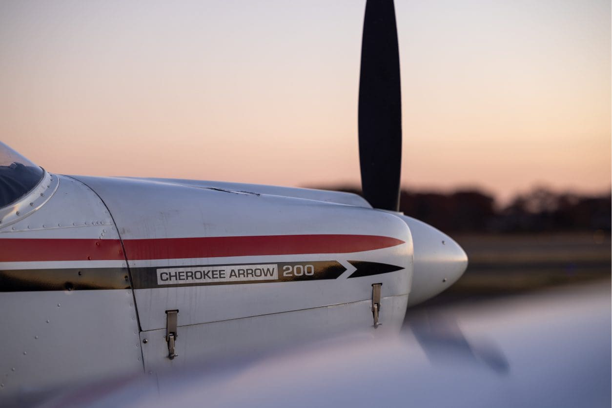 Close-up of Cherokee Arrow 200 airplane.